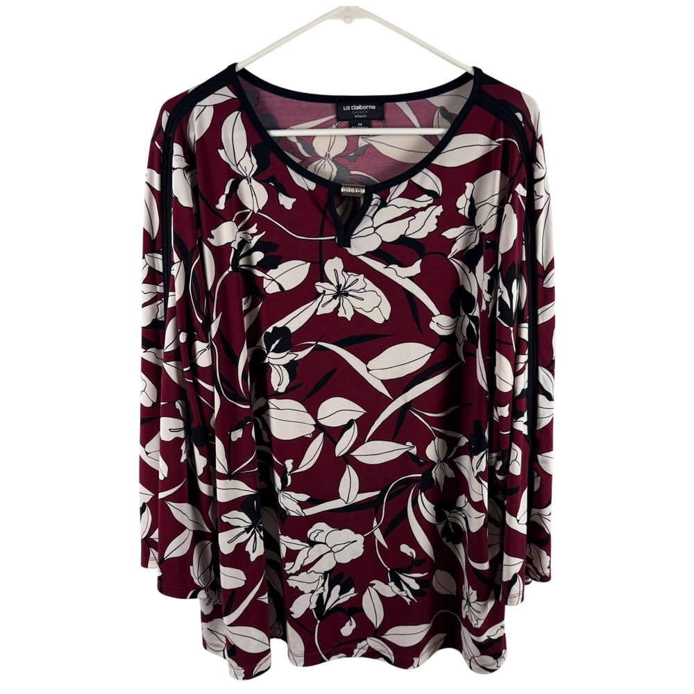Liz Claiborne Career Woman 2X Top Maroon White Floral 3/4 Split Sleeve Blouse